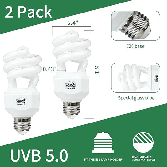 LUCKY HERP 2 Pack UVA UVB Reptile Light, 15W 5.0 UVB Bulb for Tropical and Sub Tropical Reptiles, Compact Fluorescent Terrarium Lamp, Reptile UVB Bulb for Chameleons, Lizard, Turtle LUCKYHERP