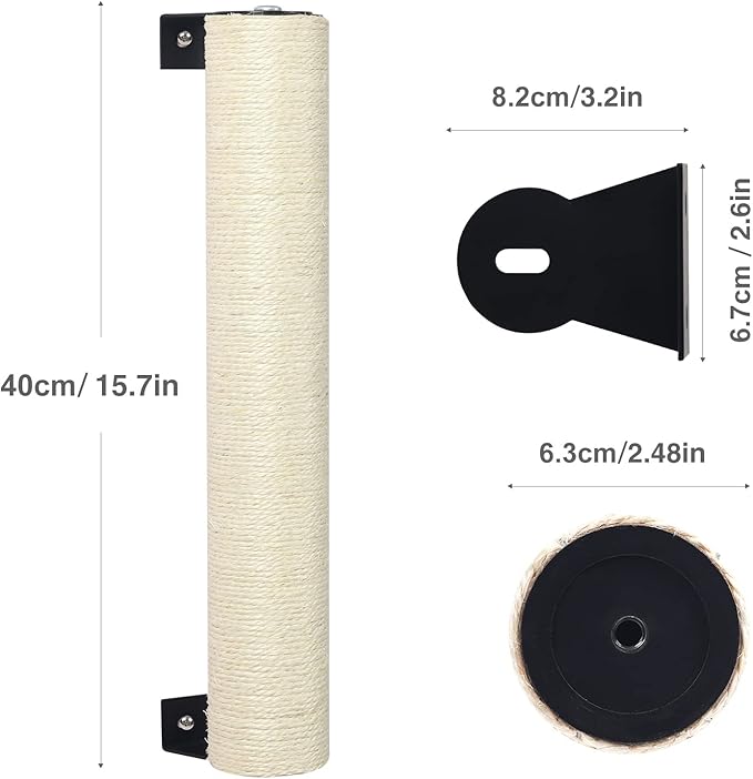 Cat Scratching Post Wall Mounted -16'' Natural Sisal Rope Cat Wall Furniture Scratching Post for Cat Grinding Claws Scratching and Climbing - PAWPICO