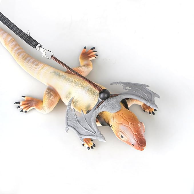 Bearded Dragon Leash and Harness Set Adjustable Design, Bearded Dragon Leash with Wings Silicone,Deal for Amphibians and Other Small Pet Animals(Grey) Enrichoice