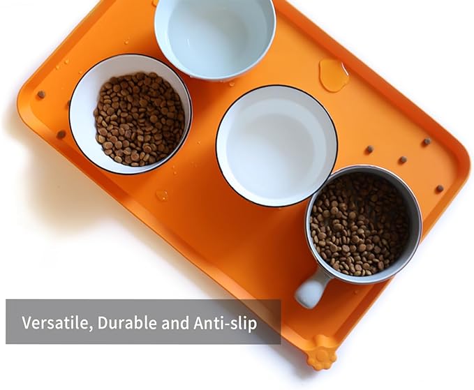 Hoki Found L Silicone Pet Food Mats Tray - Non Slip Pet Dog Cat Bowl Mats Placemat - Dog Pet Cat Feeding Mat - Waterproof Dog Cat Food Mats -Pet Water Mats for Carpet -Orange - PAWPICO