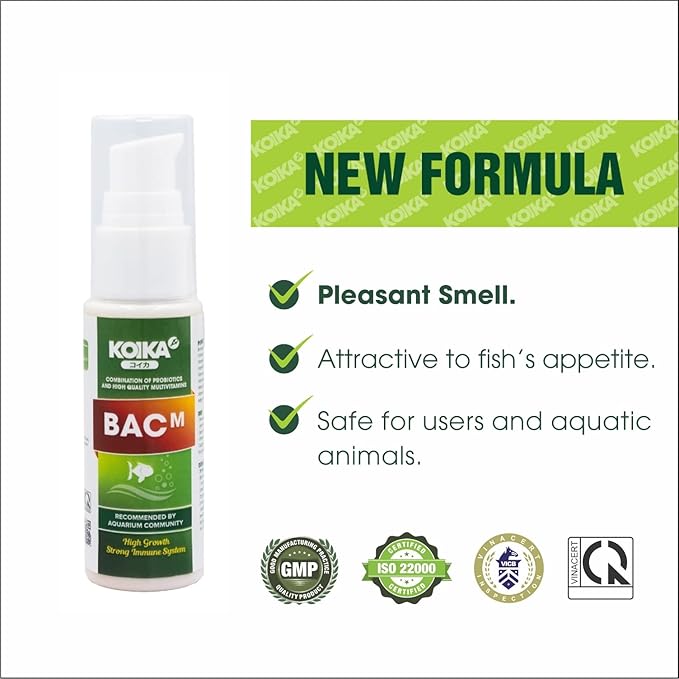 KOIKA BACM Natural Color Enhancement for Fish, Combination of Probiotic & Multi-Vitamins for Aquarium A, B6, B2, Pleasant Smell (BACM (New Formula), 30ml) Koika