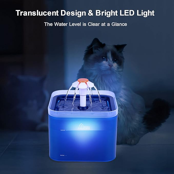 Cat Water Fountain, 67oz/2L Automatic Cat Drinking Fountain, Pet Water Fountain with LED Light and Filter for Cats and Small Dogs (Blue) - PAWPICO