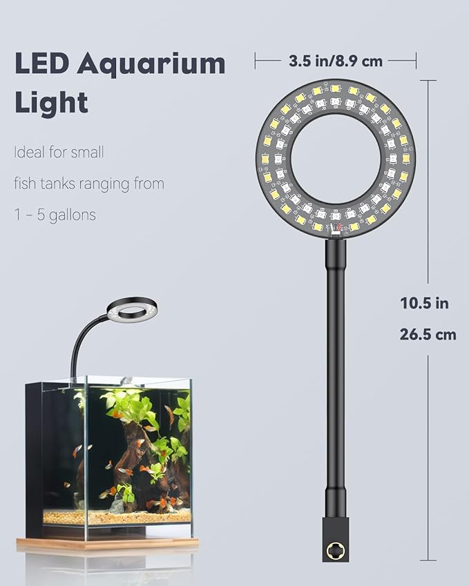 Pawfly 4.5 W LED Aquarium Light for 1 to 5 Gallon Fish Tanks Clip On Fish Tank Light USB Moving Aquarium Lamp with Full Spectrum Dimmable White Blue Red Green Lights with Timer (Adapter Not Included) Pawfly