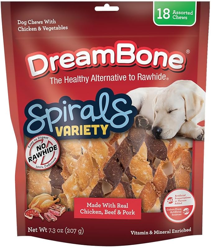 DreamBone Spirals Variety, Rawhide Free Dog Chew Sticks Made with Real Chicken Beef and Pork, 18 Count - PAWPICO