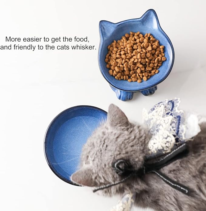 Nihow Elevated Cat/Dog Bowls Set : 5 Inch Ceramic Raised Cat Food and Water Bowl Set for Protecting Pet's Spine - Feeding & Watering Supplies for Pets- Elegant Blue & Black (2PC) - PAWPICO