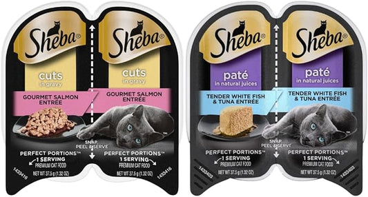 LarasBundle Sheba Cat Food Wet Variety Pack | Includes Sheba Pate Cat Food and Sheba Cuts in Gravy Wet Cat Food | 24 Servings - 12 Packs of Sheba Perfect Portions Bundled Booklet and Toys - PAWPICO