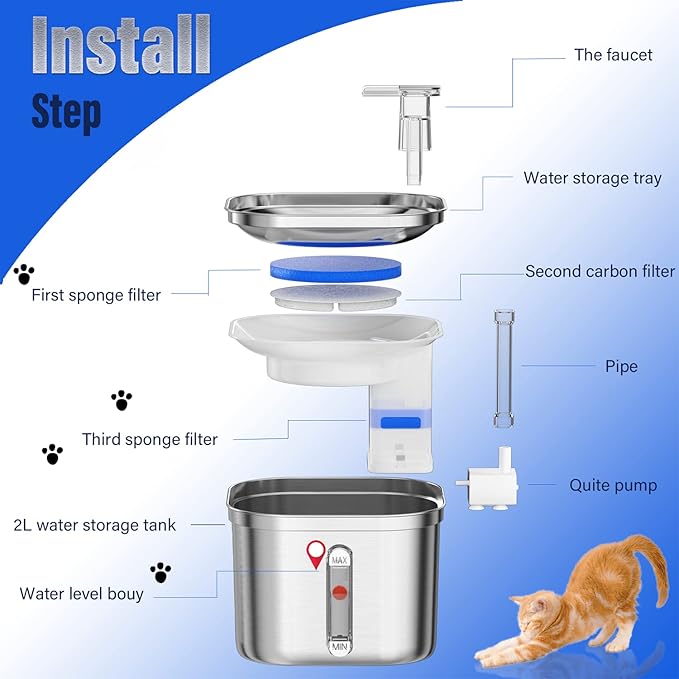 Cat Water Fountain, Stainless Steel Pet Water Fountain for Cats Inside, 3 Filters&Ultra-Quiet Pump, 2.2L/73oz Automatic Dog Dispenser Water Bowl, Multiple Pets Water Fountain - PAWPICO
