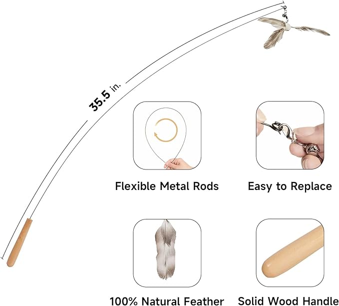 FUKUMARU Cat Wand Toy, 35.5 Inch Cat Feather Propeller Toy with Bell, Steel Wire Cat Toy for Indoor Cats with Natural Feather - PAWPICO