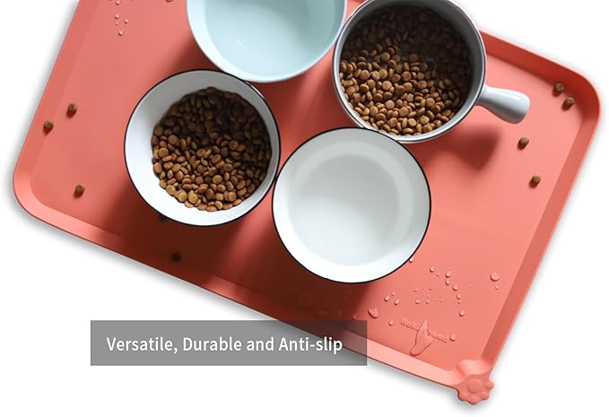 Hoki Found L Silicone Pet Food Mats Tray - Non Slip Pet Dog Cat Bowl Mats Placemat - Dog Pet Cat Feeding Mat - Waterproof Dog Cat Food Mats -Pet Water Mats for Carpet -Burnt Coral - PAWPICO