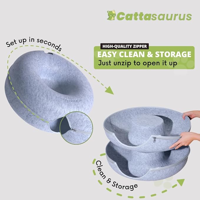 CATTASAURUS Peekaboo Cat Cave for Multiple & Large Cats Up to 30-45 Lbs, Scratch Detachable & Washable Tunnel Bed, Comfy Donut Cat Cave (Ligt Gray + Light Gray, Large (Bundle)) - PAWPICO