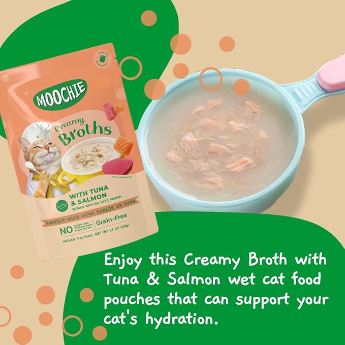 MOOCHIE Grain Free Creamy Broth for Cats - Made with Real Salmon & Tuna - No Artificial Flavors or Preservatives - 16 x 1.4 oz Pouch - PAWPICO