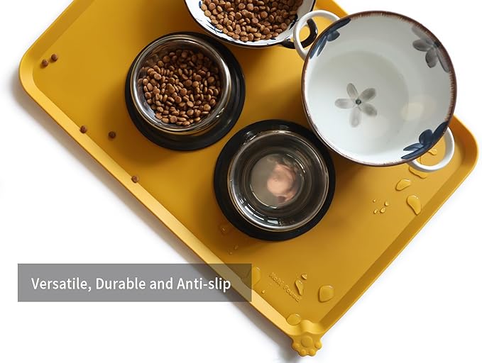 Hoki Found Large Silicone Pet Food Mats Tray - Non Slip Pet Dog Cat Bowl Mats Placemat - Dog Pet Cat Feeding Mat - Waterproof Dog Cat Food Mats -Pet Water Mats for Carpet - Honey - PAWPICO