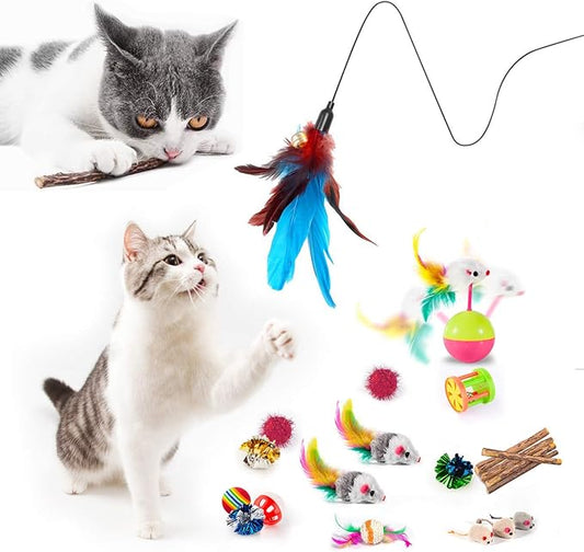 MIBOTE 28Pcs Cat Toys Kitten Toys Assorted, Cat Tunnel Catnip Fish Feather Teaser Wand Fish Fluffy Mouse Mice Balls and Bells Toys for Indoor Cat Puppy Kitty Interactive Cat Toy Set - PAWPICO