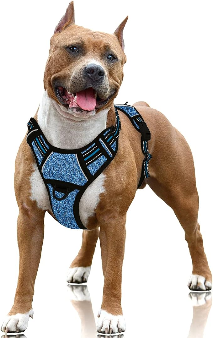BARKBAY No Pull Dog Harness Large Reflective Dog Harness with Front Clip and Easy Control Handle for Walking Training Running with ID tag Pocket(Blue/Black,L) BARKBAY