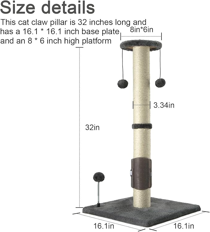 PEEKAB 32" Tall Cat Scratching Post Sisal Scratch Posts with Hanging Ball and Self-Massage Brush Vertical Scratcher for Indoor Cats and Kittens(Gray 32inches) - PAWPICO