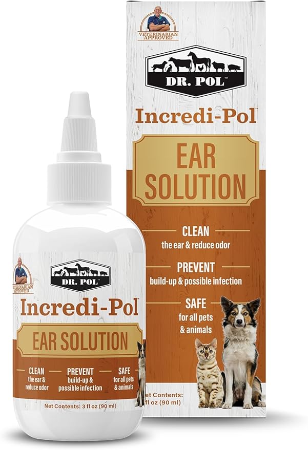 Dr. Pol Incredi-Pol Dog and Cat Ear Solution - Safe and Effective Ear Care Solution to Clean Ears and Prevent Ear Problems in Dogs, Cats, Horses, and More - 3 Fluid Ounces DrPol