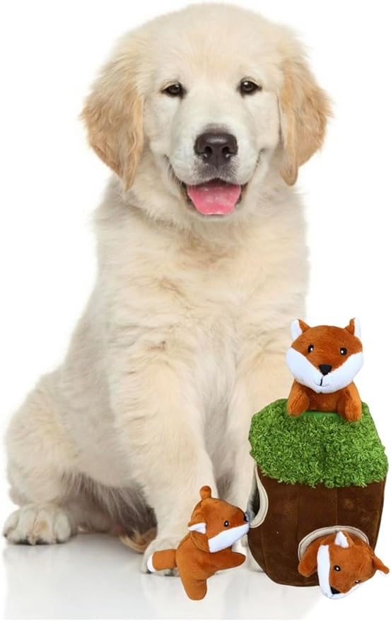 Fox in Tree Hide and Seek Dog Toy for Small and Medium Size Dogs, Plush Fox Inside Trunk Dog Toy with Squeaker, Interactive Burrow Dog Toy (Tree with Fox, Small) - PAWPICO