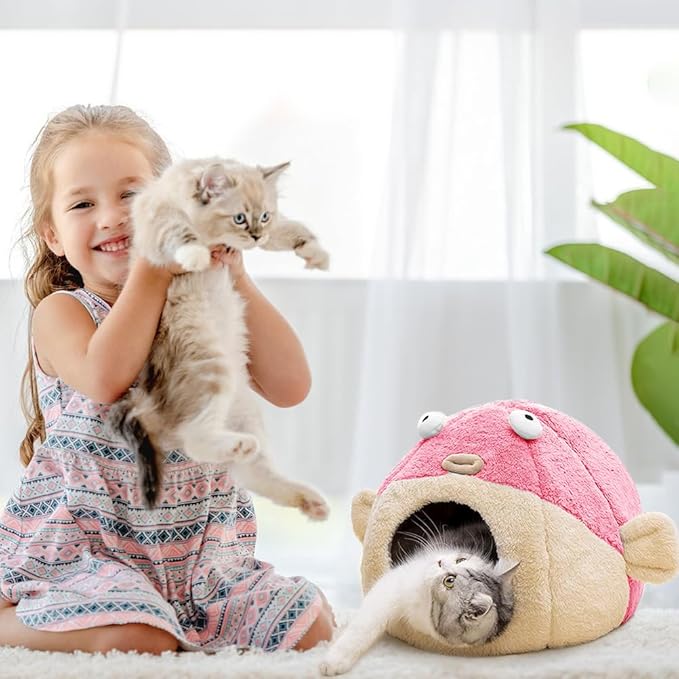 Cat Beds for Indoor Cats - Cat Bed Cave with Removable Washable Cushioned Pillow, Soft Plush Premium Cotton No Deformation Pet Bed, Lively Pufferfish Cat House Design, Pink, Multiple Sizes(M) - PAWPICO