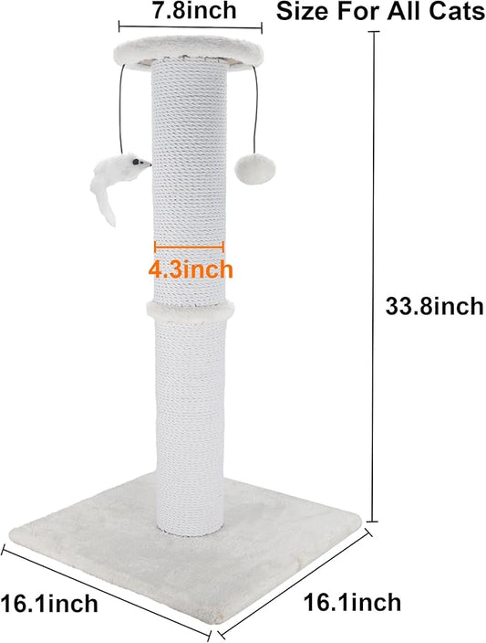 Cat Scratching Post 34 Inches Heavy Duty and Thicker Cat Scratching Post Sisal Rope with Hanging Ball and Mice Scratching Post for Indoor Cats and Adult(White) - PAWPICO