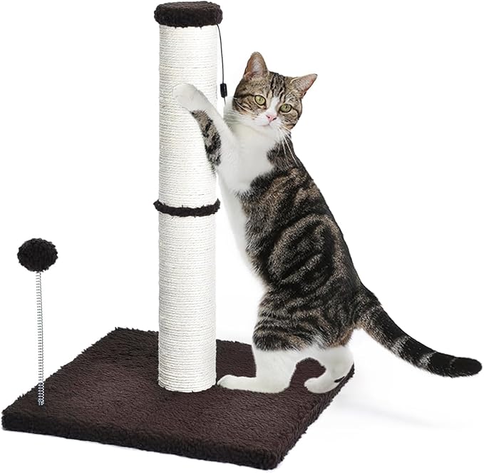 Cat Scratching Post Kitten Scratcher Sisal Scratch Posts Basic with Hanging Ball for Indoor Cats, Integrated Cat Toys, Brown - PAWPICO