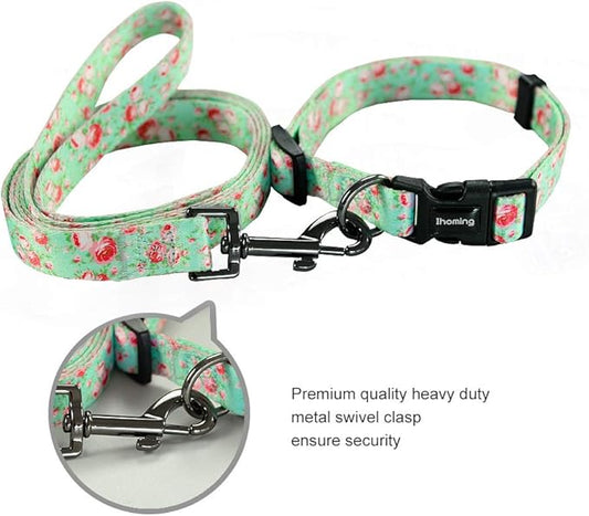 Ihoming Dog Collar and Leash Set for Daily Outdoor Walking Running Training, Floral GreenLake Design for Large Boys Girls Dogs Cats Pets, L-Up to 80LBS Ihoming