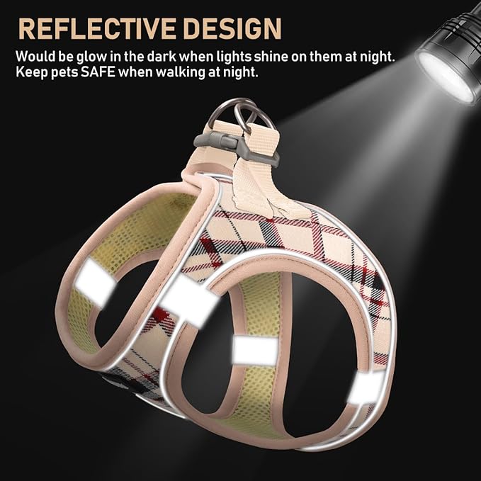GAMUDA Small Dog Harness Collar and Leash Set, Step in No Chock No Pull Soft Mesh Adjustable Dog Vest Harnesses Plaid Reflective for Dogs Puppy Cats Kitten Rabbit (Beige, XL) GAMUDACollarsCollection