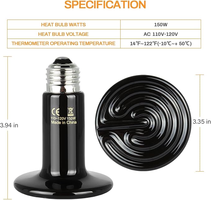 Simple Deluxe 150W Ceramic Heat Emitter Reptile Heat Lamp with Digital-Thermometer, for Pet Brooder Coop Chicken, Dragon Turtle Lizard Snake Aquarium Tank SimpleDeluxe