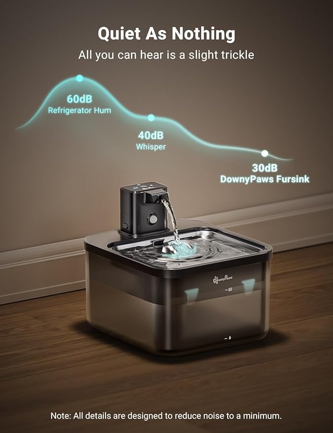DownyPaws Battery Operated Cat Water Fountain Stainless Steel, 84oz/2.5L Fursink Wireless Pet Water Fountain for Cats Inside, Automatic Cat Waterer Fountain with Faucet, Quiet Pump, BPA-Free, Black - PAWPICO