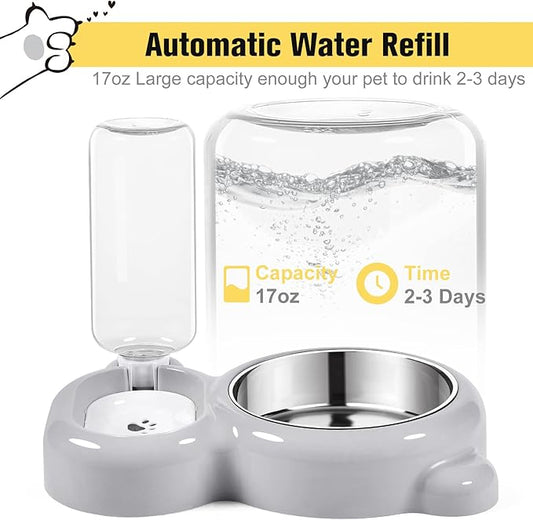 Dog Bowls, Cat Food and Water Bowl Set with Water Dispenser and Stainless Steel Bowl for Cats and Small Dogs - Grey - PAWPICO