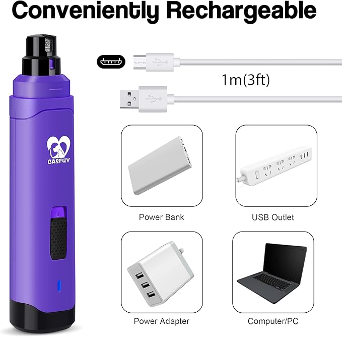 Casfuy Dog Nail Grinder Upgraded - Professional 2-Speed Electric Rechargeable Pet Nail Trimmer Painless Paws Grooming & Smoothing for Small Medium Large Dogs & Cats (Purple) - PAWPICO