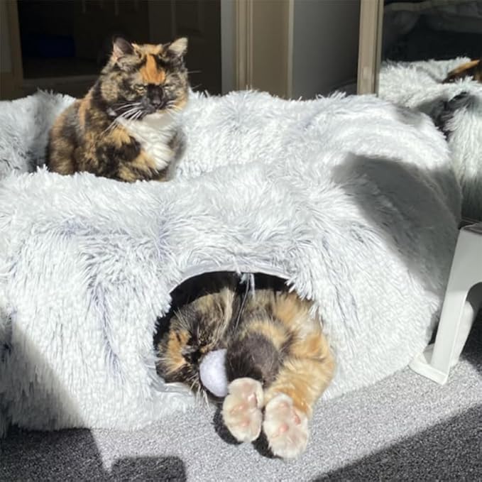 Cat Tunnel Bed for Indoor Cats Donut Cat Tunnel Multifunctional Cat Bed with Peephole Cat Cave Tunnel Bed with Tunnel for Multi Cats(Grey) - PAWPICO