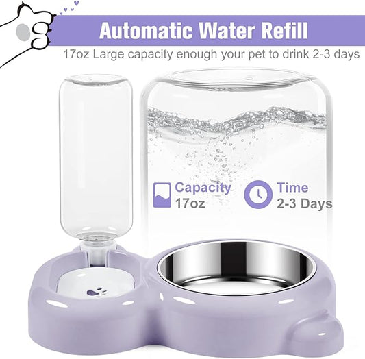 Dog Bowls, Cat Food and Water Bowl Set with Water Dispenser and Stainless Steel Bowl for Cats and Small Dogs - Purple - PAWPICO