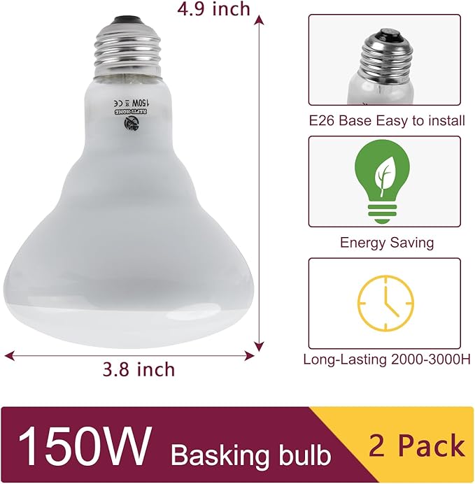 150W Reptile Heat Lamp Bulb 2 Pack,Basking Spot Lamp Bulb for Reptiles & Amphibians,Reptile Daylight Heat Bulb for Bearded Dragon, Lizard, Turtle REPTIHOME
