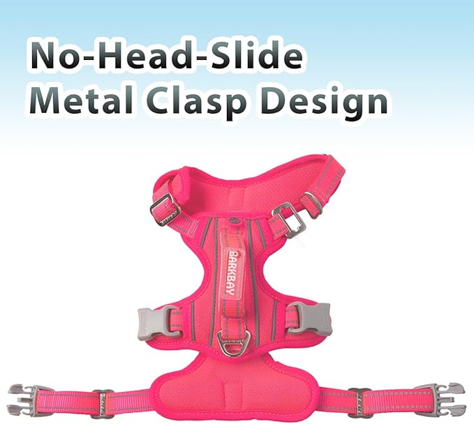 BARKBAY No Pull Dog Harness 3 Buckles Large Reflective Dog Harness with Front Clip and Easy Control Handle for Walking Training Running with ID tag Pocket(Pink,M) BARKBAY