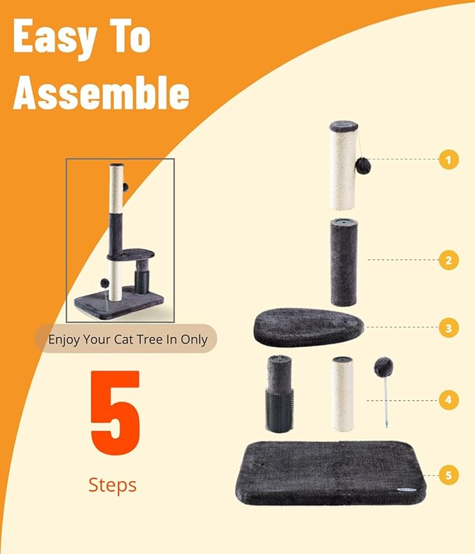 Happi N Pets 34“ Tall Cat Scratching Post for Big Cats, Natural Sisal Cat Scratchers for Indoor Cats, Heavy Duty Cat Stands Featuring with Cat Self Groomer and Hanging Toys, Free Catnip-Gray - PAWPICO
