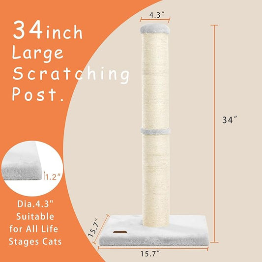 34inch Cat Scratching Post with Natural Sisal Rope 4.3Inch Large Diameter Scratcher Post Tree for Indoor Cats Grey - PAWPICO