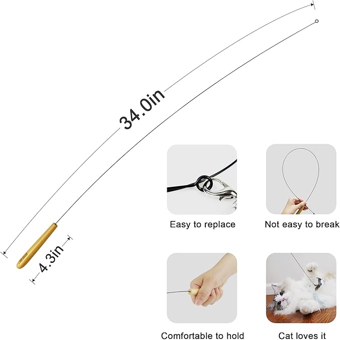 Interactive Bird and Insect Simulation Cat Toy Set with 4 Feather Refills, 29'' Flexible Steel Wire, Sturdy Wood Handle & Bell,Cat Wand Toys for Indoor Cat and Kitten. - PAWPICO