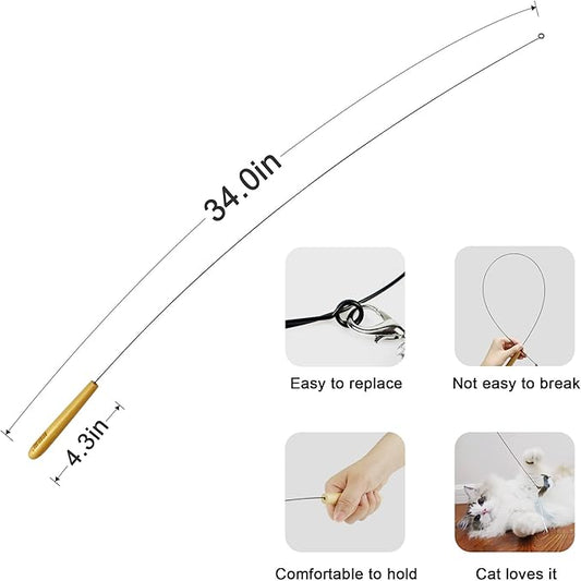 Interactive Bird and Insect Simulation Cat Toy Set with 4 Feather Refills, 29'' Flexible Steel Wire, Sturdy Wood Handle & Bell,Cat Wand Toys for Indoor Cat and Kitten. - PAWPICO