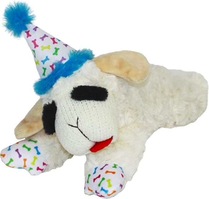 Multipet Lamb Chop Dog Plush Toy w/Birthday Hat - Squeaky Dog Toy for All Dogs - Soft Plush Dog Toy - Stuffed Animal Dog Toy for Playing - Cute Dog Birthday Toy (10.5”, Blue Hat, 5 Squeakers) - PAWPICO