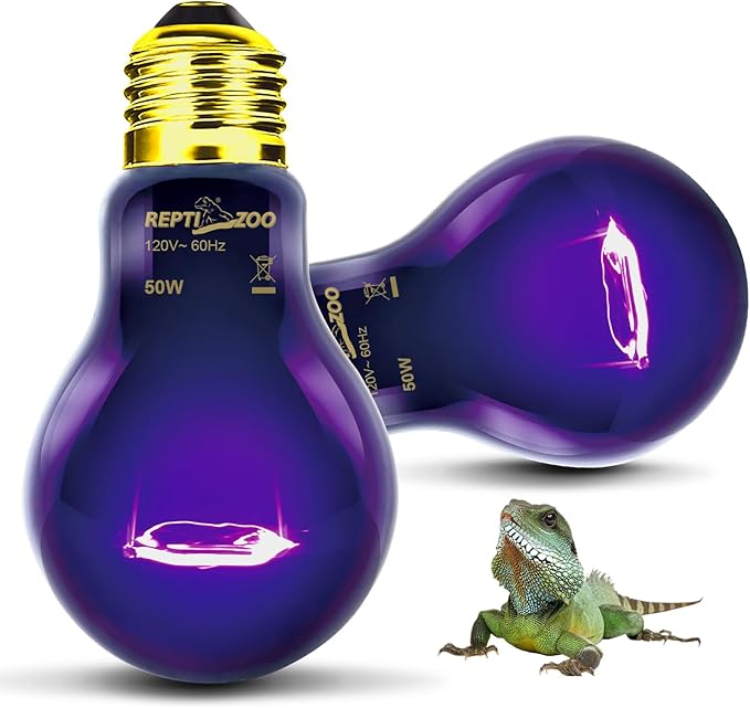 REPTIZOO 2PCS Reptile Night Heat Lamp, 50W Moonlight Heat Bulb Infrared Heating Lamp Purple Reptile Heat Lamp Night Bulb for Bearded Dragon, Lizard, Snake, Turtle REPTIZOO