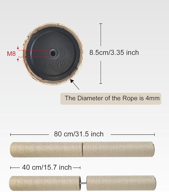 2 PCS M8 Cat Scratching Post Replacement, 15.7 x 3.3 inch Sisal Pole Cat Tree Replacement Post with Screws, Refill Sisal Rope Scratcher Posts for Indoor Kitten Tree Tower Spare Cat Furniture Protector - PAWPICO