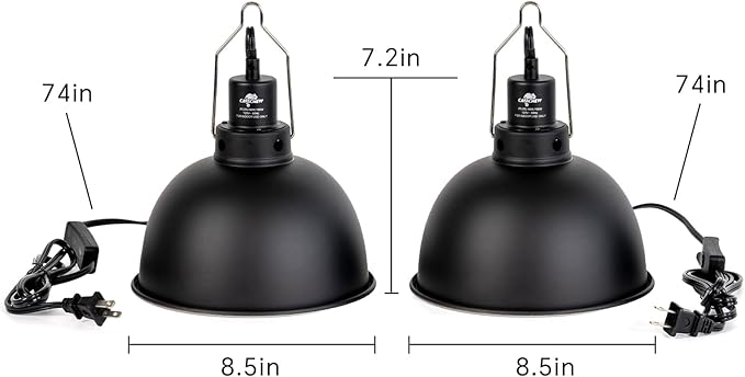 2 Pack Reptile Light Fixture, 8.5in Deep Dome Reptile Lamp Fixture, Optical Reflection Cover, Separate Switche & Hook, Terrarium Light Fixture for Reptile Heat Basking UVB Bulbs, 150W, Black CAVACHEWReptileSupplies