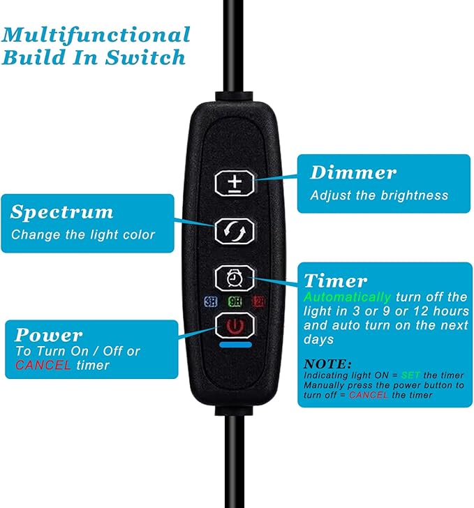 DOMICA Clip On Aquarium Light with Timer for 3 to 8 Gal Fish Tank (Dimmable Full Spectrum LED) USB Moving Lamp for Open Terrarium (Adapter NOT Included) DOMICA