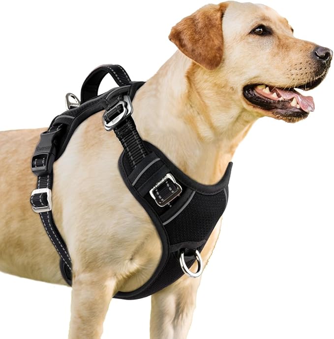 BARKBAY No Pull Dog Harness 3 Buckles Large Reflective Dog Harness with Front Clip and Easy Control Handle for Walking Training Running with ID tag Pocket(Black,XL) BARKBAY