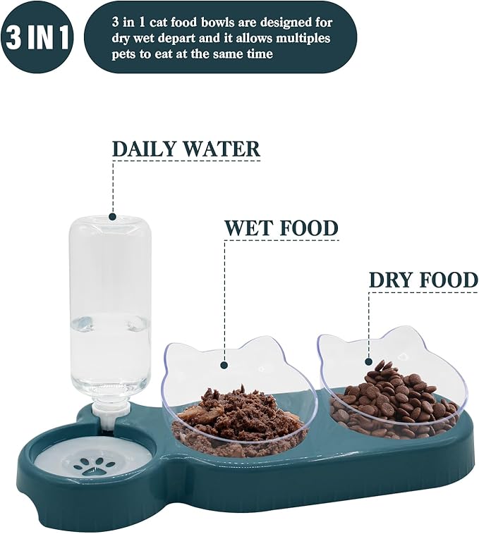 Triple Cat Bowls,15°Tilt 3-in-1 Water Feeder Bowls Cat Double Food Bowls with Automatic Water Bottle Bowl, Whisker Friendly Wet and Dry Cat Elevated Feeding Dishes for Small Cat and Puppy (Navy Blue) - PAWPICO