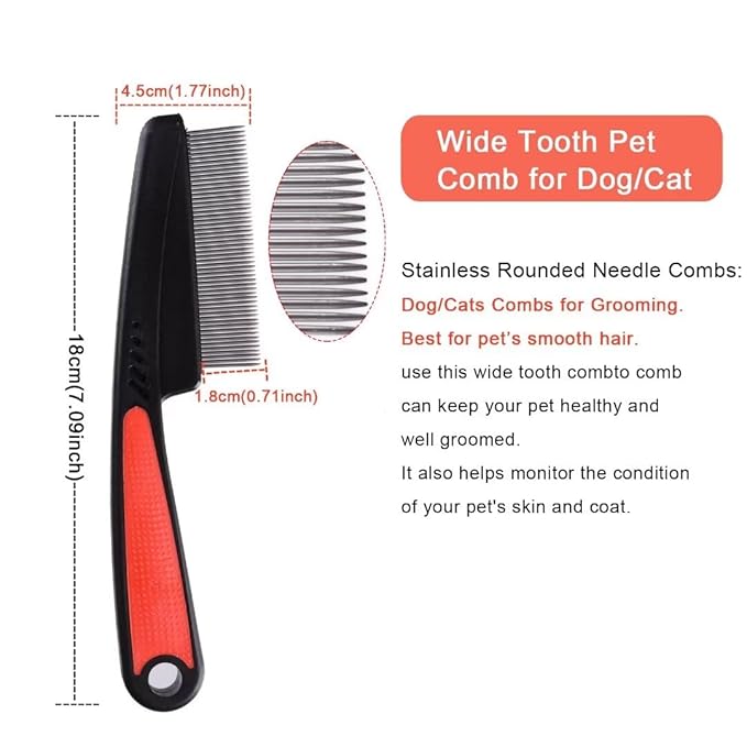 2 Pieces Fine Tooth and Wide Tooth Dog Grooming Comb - Rubber Handle Hair Comb for Small Dogs & Cats with Flea and Tick Removal (2PCS, Black Red) iluadme