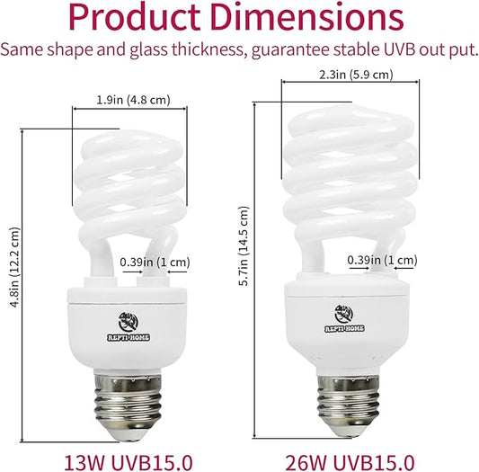 UVB Reptile Light 15.0, 26W Intense UVA UVB Bulb for Reptiles, Terrarium Compact Fluorescent Lamp, Reptile UVB Light Bulb for Desert Reptiles & Amphibians REPTIHOME