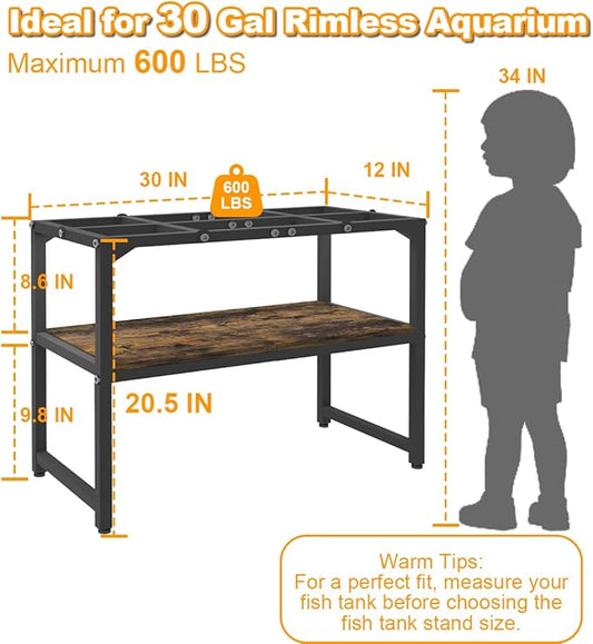 30 Gallon Rimless Fish Tank Stand with Shelf for Storage, 2 Tiers Metal Aquarium Stand, Breeder Tank Turtle Reptile Terrariums Stand Rack for Home Office, 30" L x 12" W x 20.5" H, Black Mondazie
