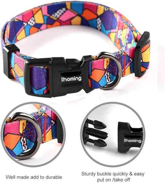 Ihoming Dog Collar and Leash Set for Daily Outdoor Walking Running Training, Geometric Design for Small Boys Girls Dogs Cats Pets, S-Up to 20LBS Ihoming