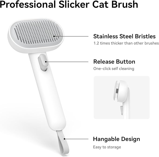 aumuca Cat Brush for Shedding, Cat Brushes for Indoor Cats, Cat Brush for Long or Short Haired Cats, Cat Hair Brush Cat Grooming Deshedding Brush for Dog Kitten Rabbit Massage Removes Loose Fur, White - PAWPICO